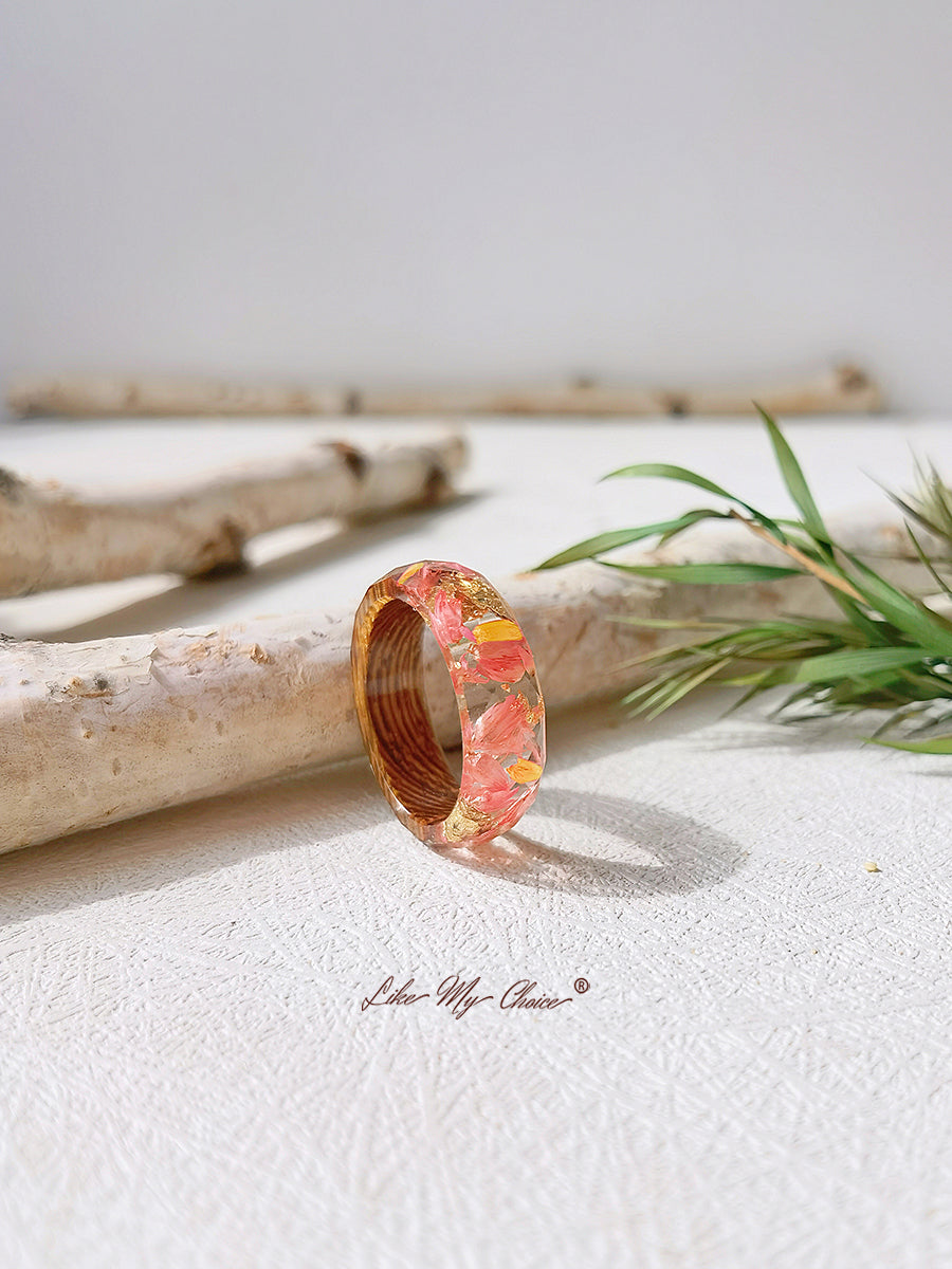 Handmade Dried Flower Inlaid Resin Ring-Gold foil red