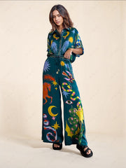 Unique Print Elastic Waist Pocketed Wide Leg Pants Set