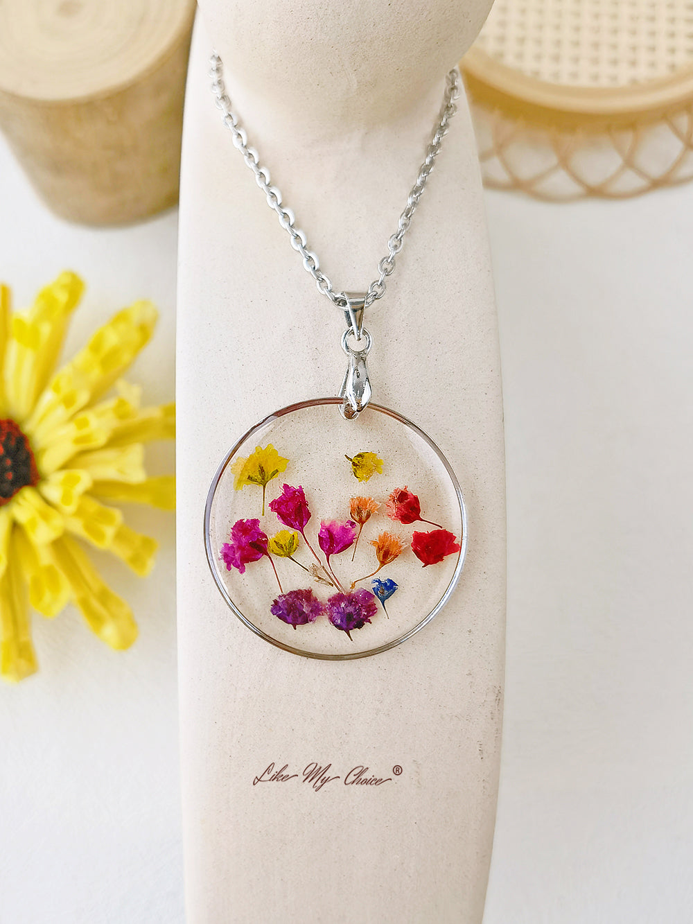 Rainbow Botanical Garden Dried Flowers Pendant Necklace