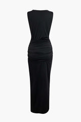 Wrap Ruched Slit Deep V-neck Sleeveless Maxi Dress