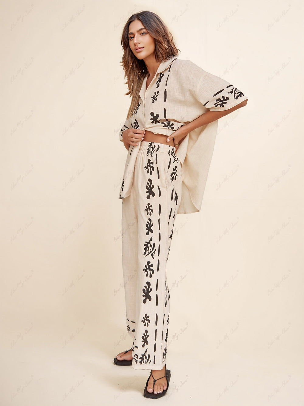 Black Printed Cream Wide Leg Pants