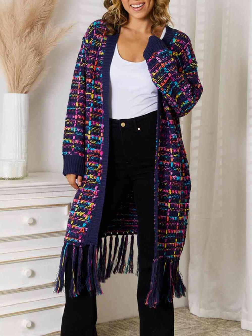 Boho Multicolor Fringe Hem Longline Cardigan