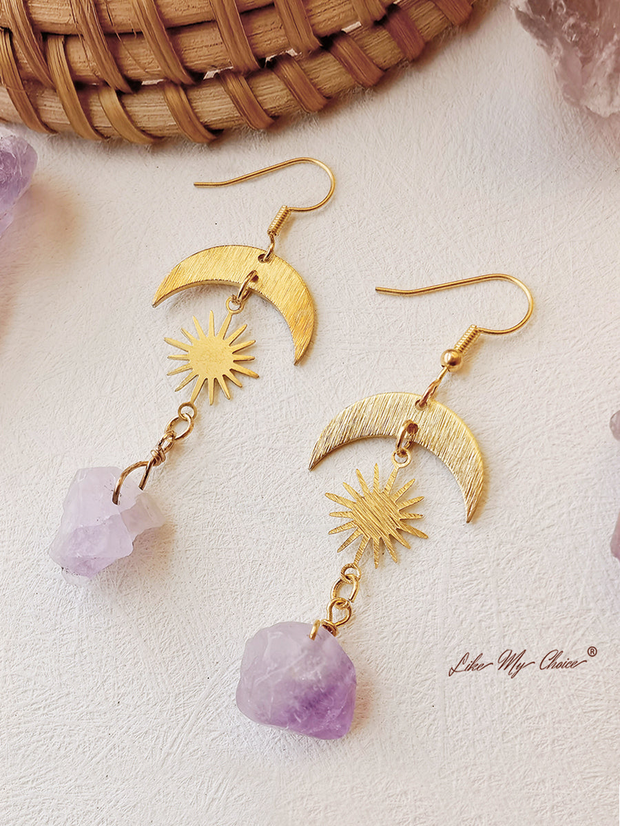 Bohemian Crescent Moon & Sun Crystal Earrings