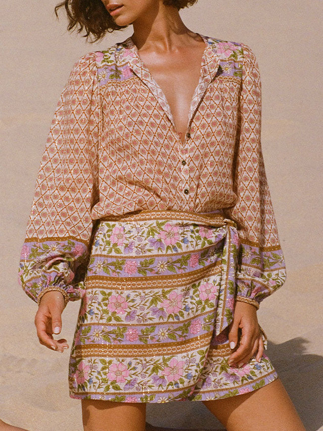 Unique Bohemian Printed Loose Shirt And Tie Skirt Set