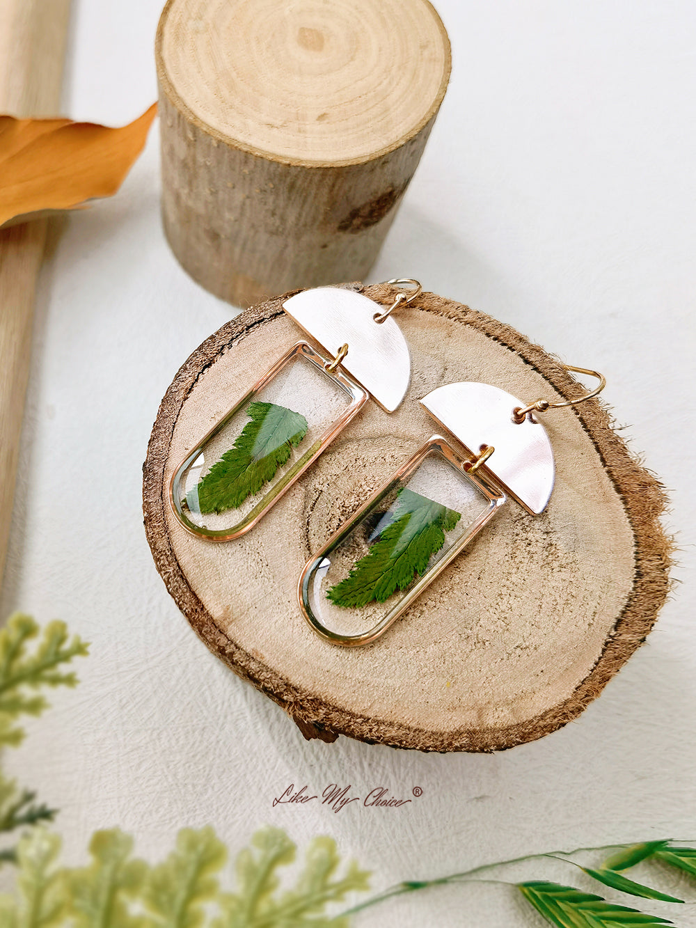 Window-shaped Brass Frames Pressed Fern Earrings