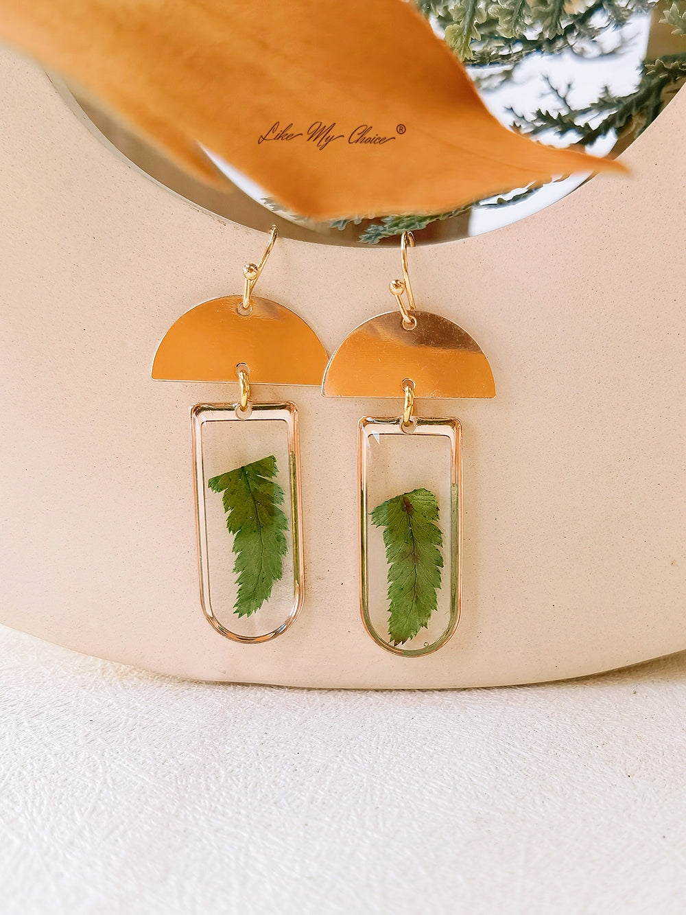 Window-shaped Brass Frames Pressed Fern Earrings