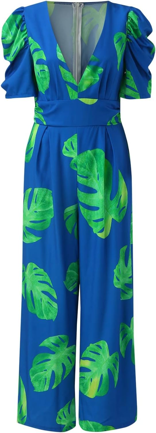 Deep V-neck printed wide-leg jumpsuit - Blue