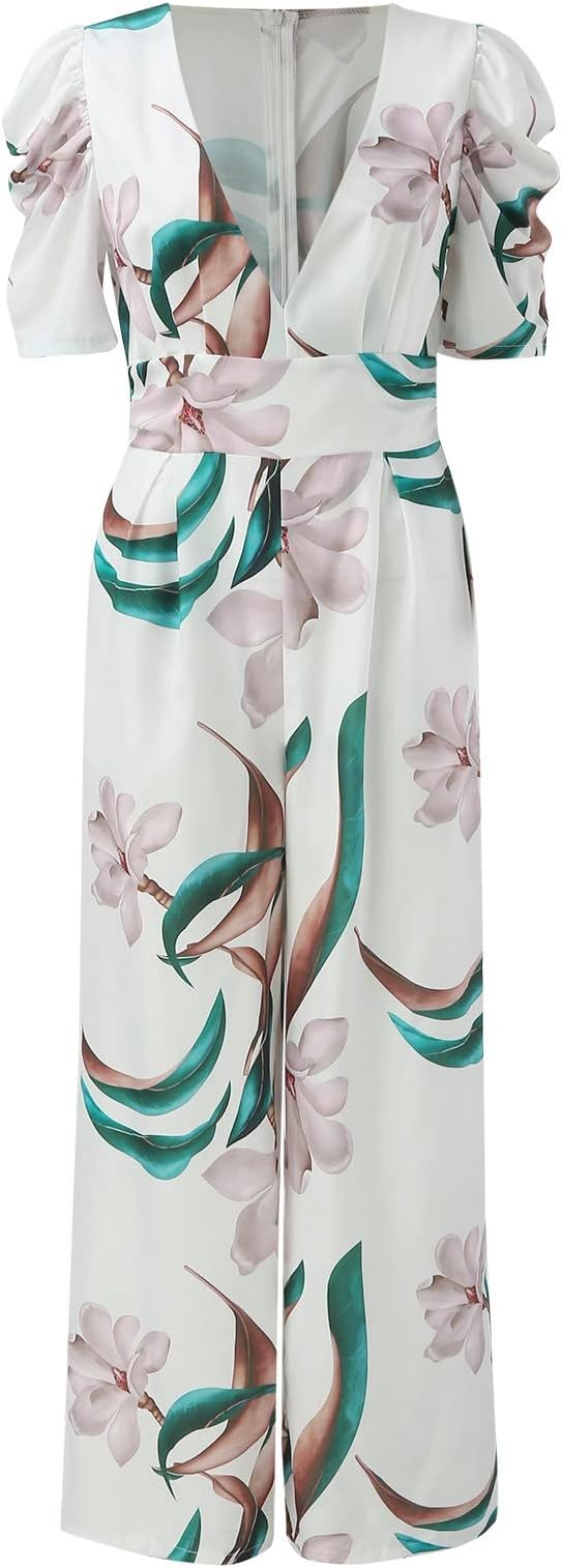 Deep V-neck printed wide-leg jumpsuit - White