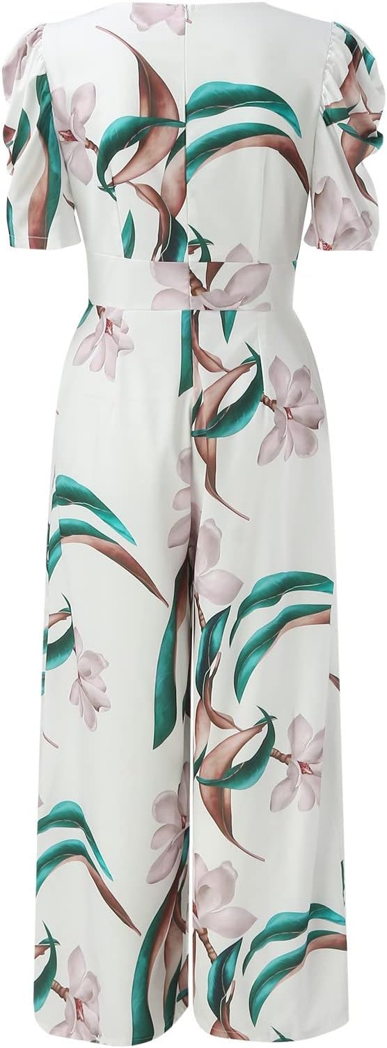 Deep V-neck printed wide-leg jumpsuit - White