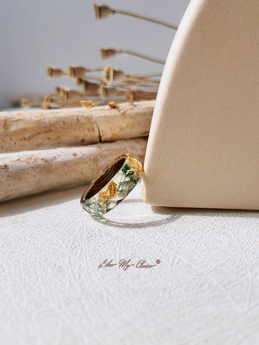 Handmade Dried Flower Inlaid Resin Ring-Gold Foil Flower