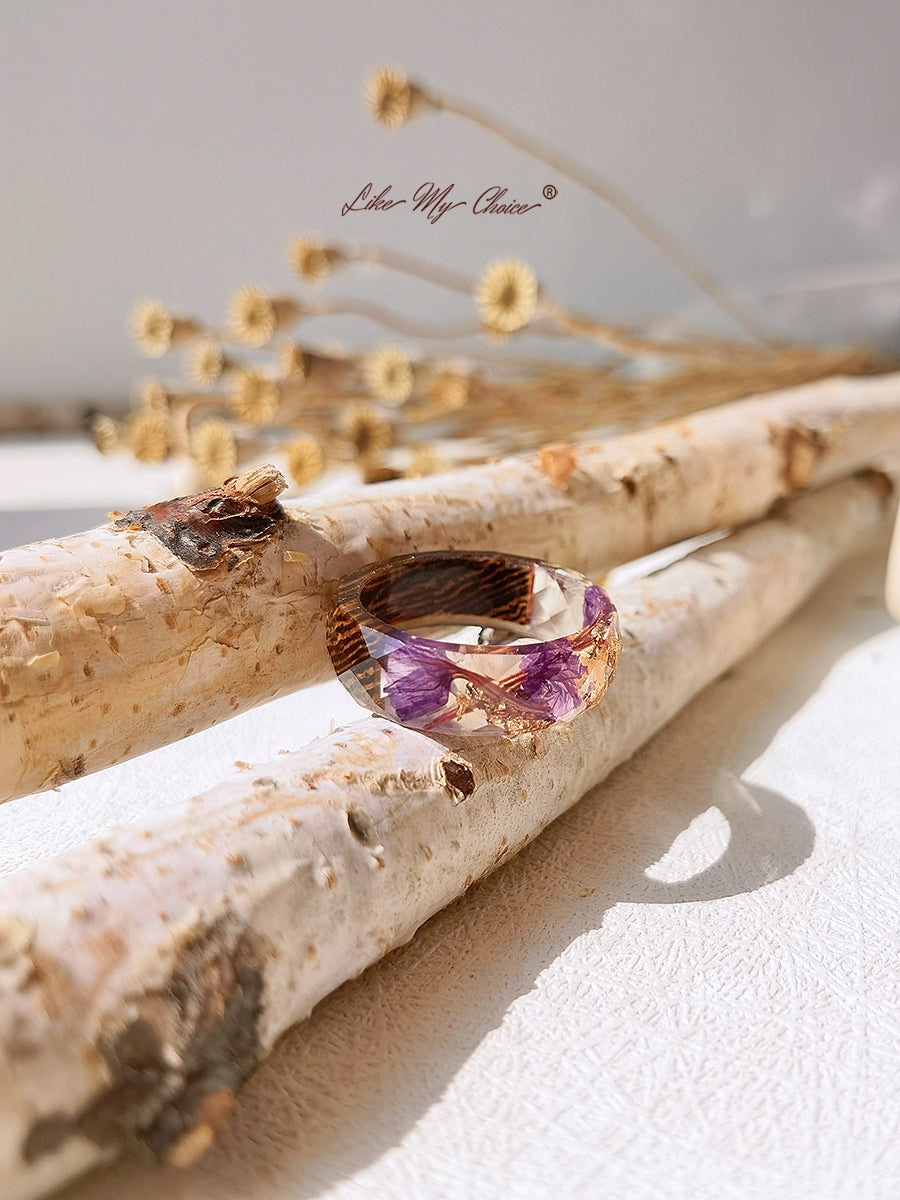 Handmade Dried Flower Inlaid Resin Ring-Gold Foil Purple