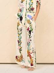 Satin Unique Print Pocketed Wide Leg Pants