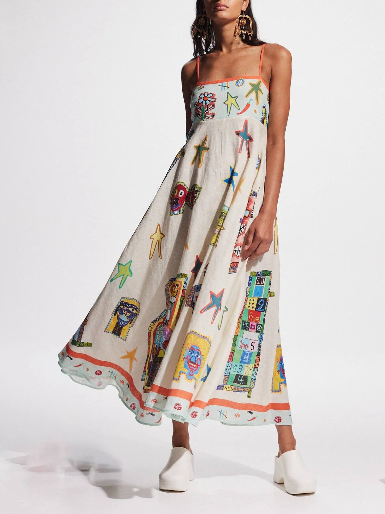 Unique Graffiti Print Suspenders Long Swing Midi Dress