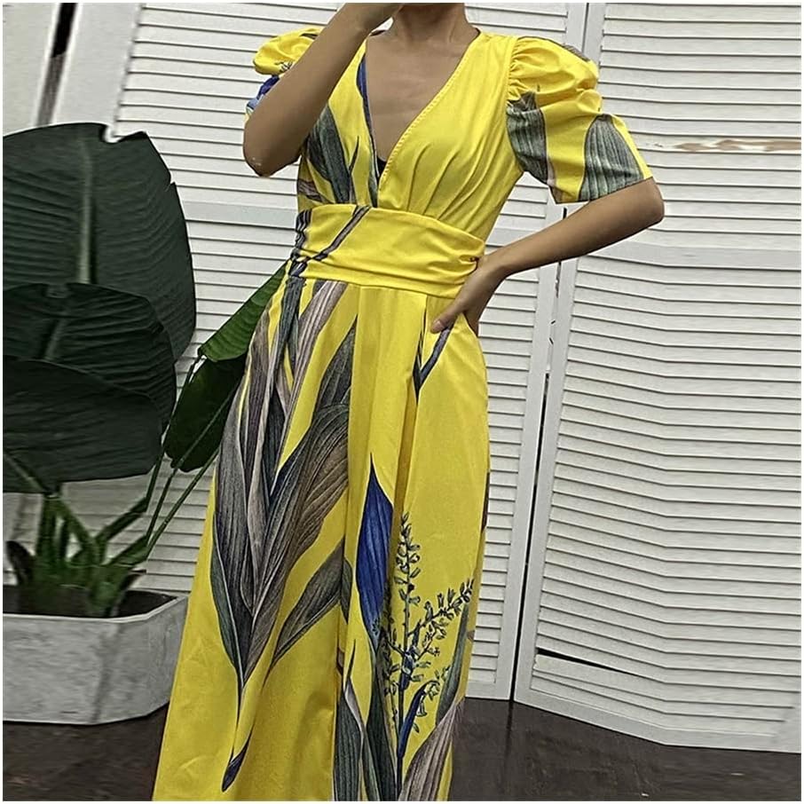 Deep V-neck printed wide-leg jumpsuit - Yellow