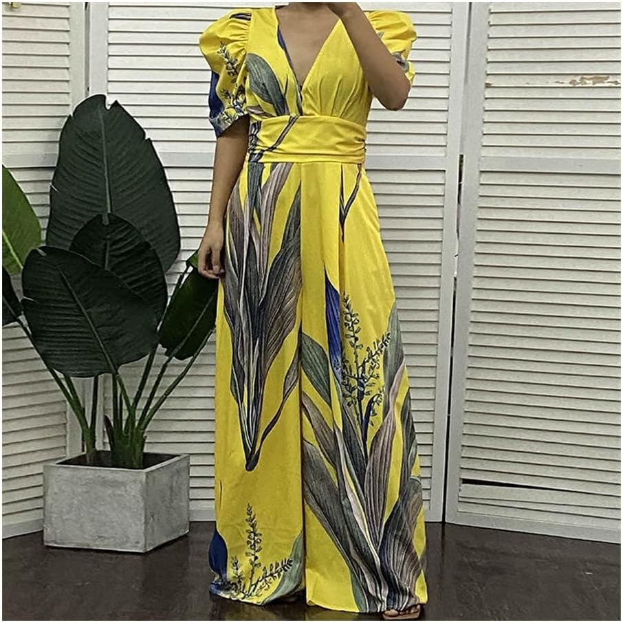 Deep V-neck printed wide-leg jumpsuit - Yellow