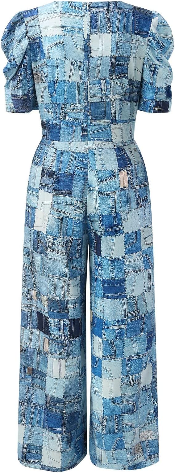 Deep V-neck printed wide-leg jumpsuit - Denim Blue