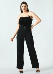 Feather Bandeau Belt Jumpsuit - Black