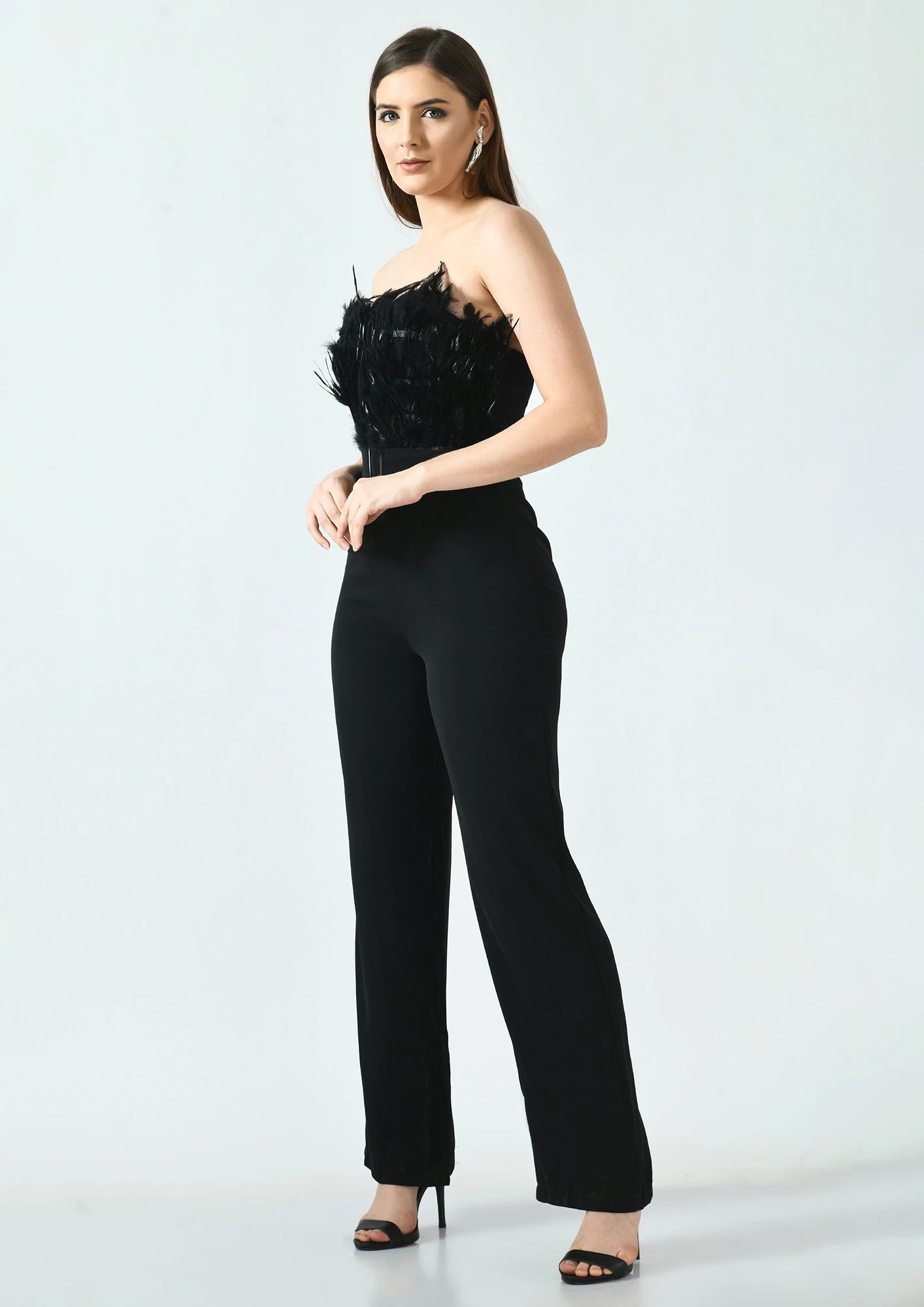 Feather Bandeau Belt Jumpsuit - Black