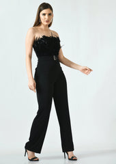 Feather Bandeau Belt Jumpsuit - Black