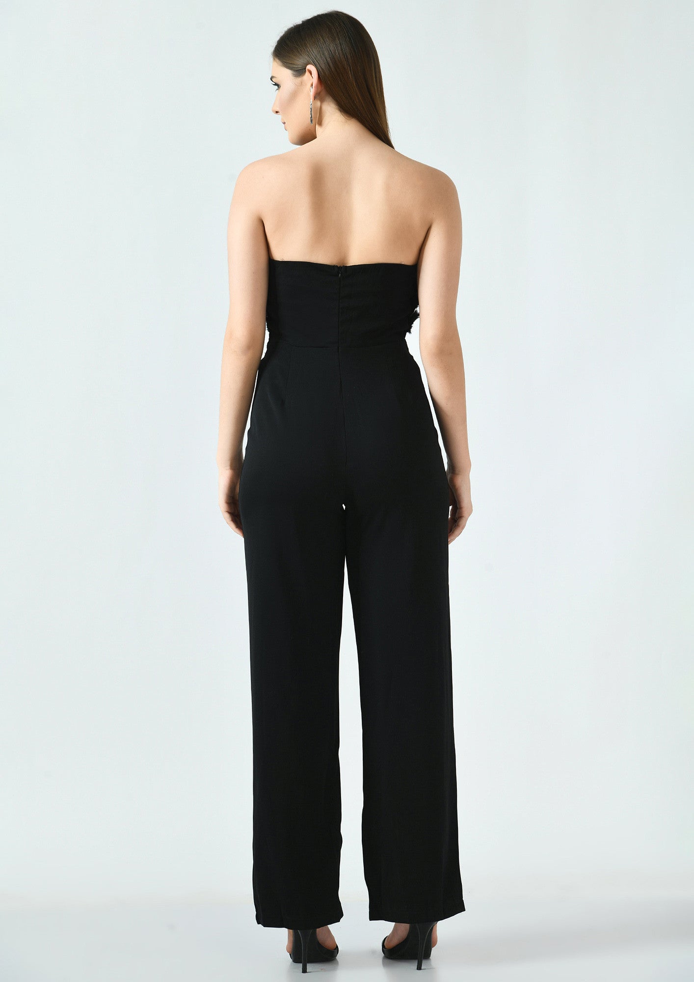 Feather Bandeau Belt Jumpsuit - Black