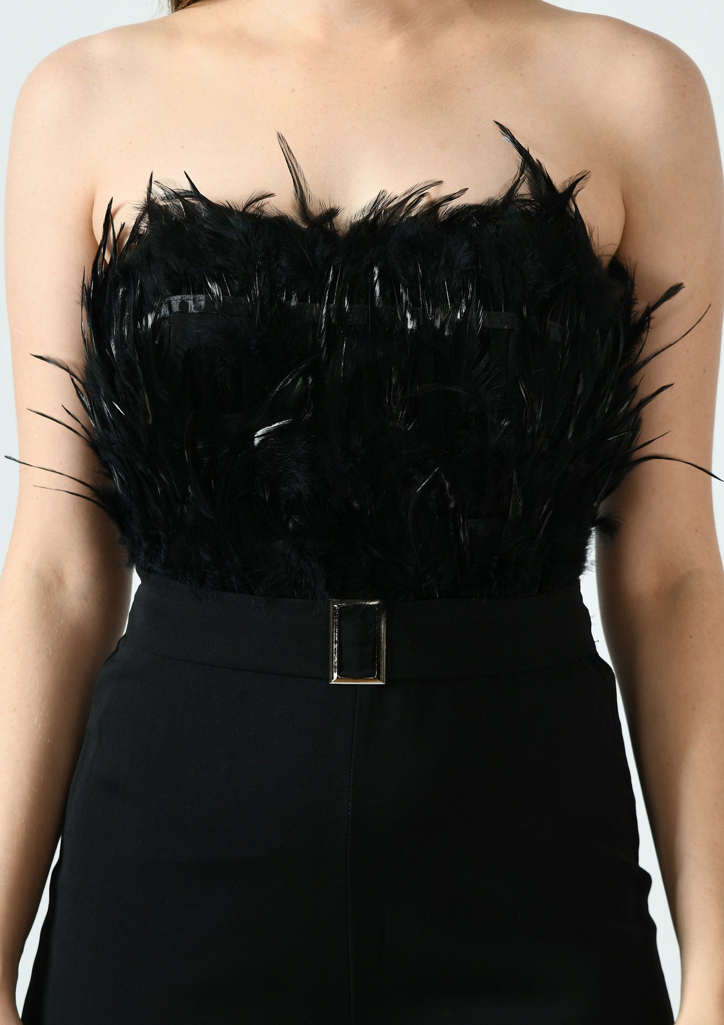 Feather Bandeau Belt Jumpsuit - Black