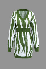 Zebra-stripe V-neck Knit Sweater Dress