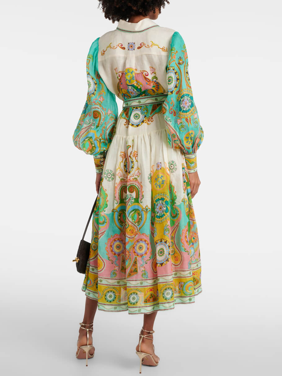 Unique Exquisite Print Puff Sleeve Tie Midi Dress