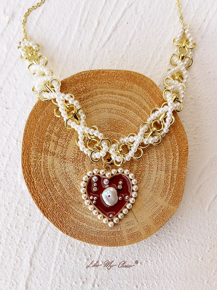 Braided Pearl Enamel Red Heart Necklace