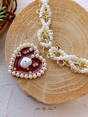 Braided Pearl Enamel Red Heart Necklace