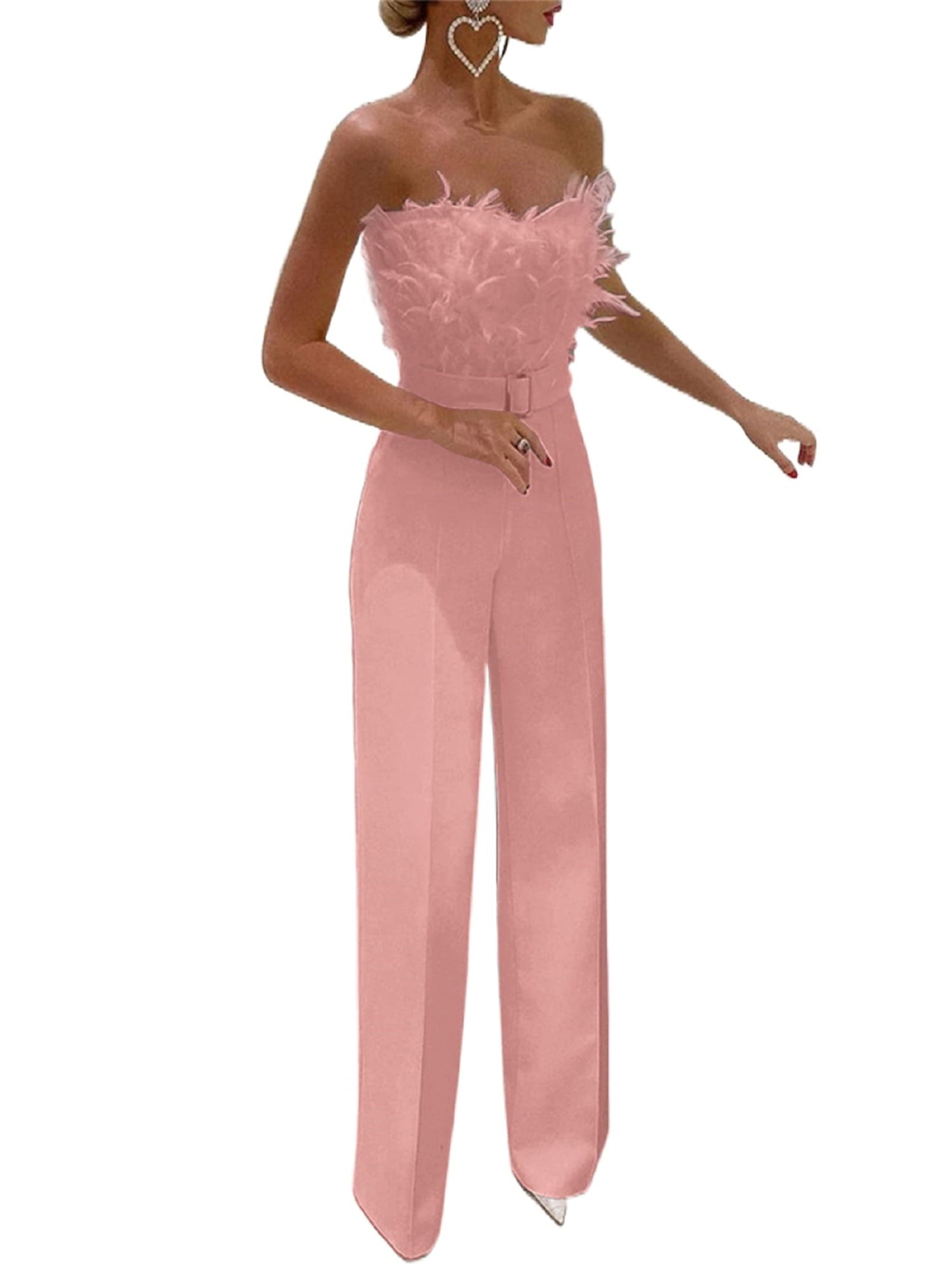 Feather Bandeau Belt Jumpsuit - Pink