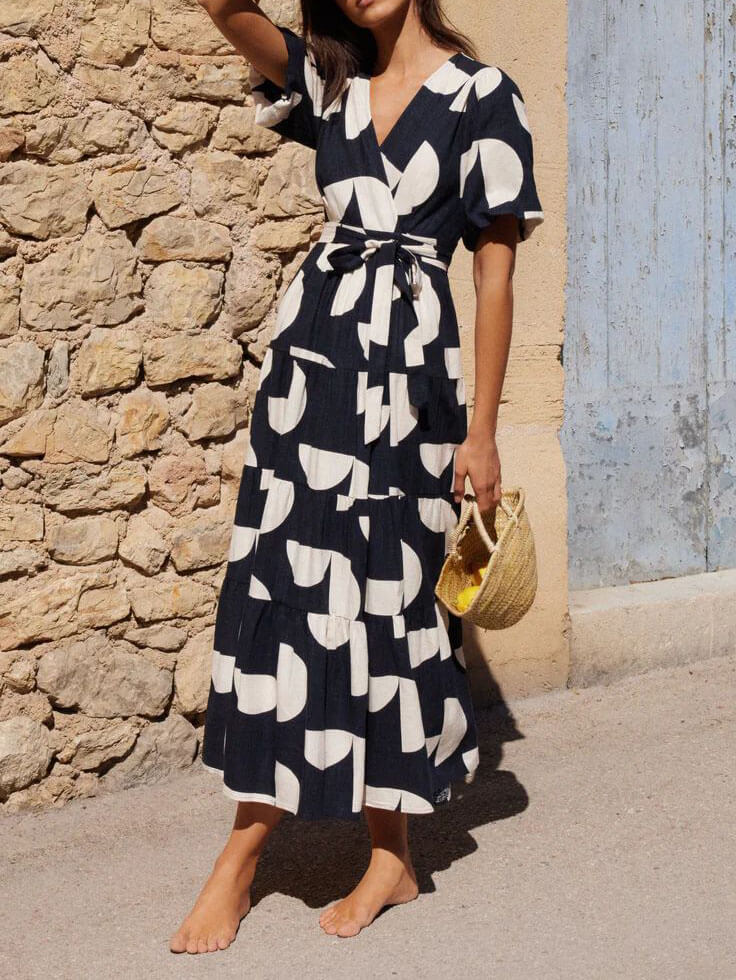 Puff Sleeve V-Neck Geometric Print Midi Dress