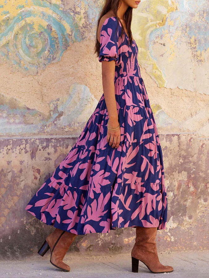 Puff Sleeve Square Neck Printed Midi Dress