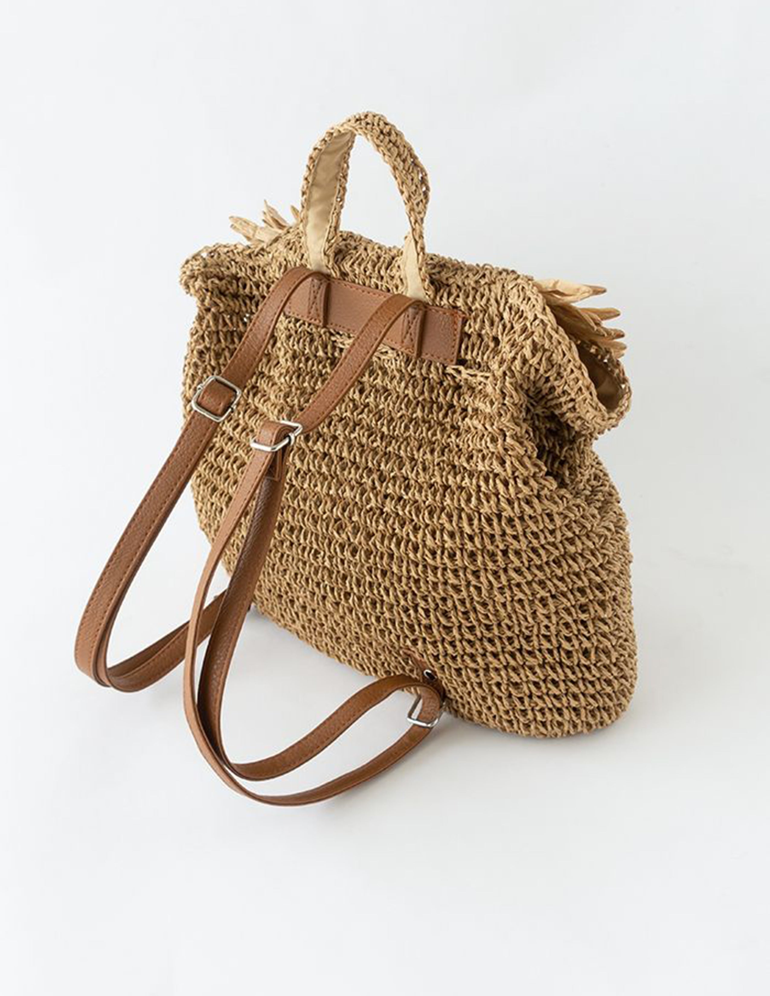 Caramel Fringed Trim Woven Straw Backpack