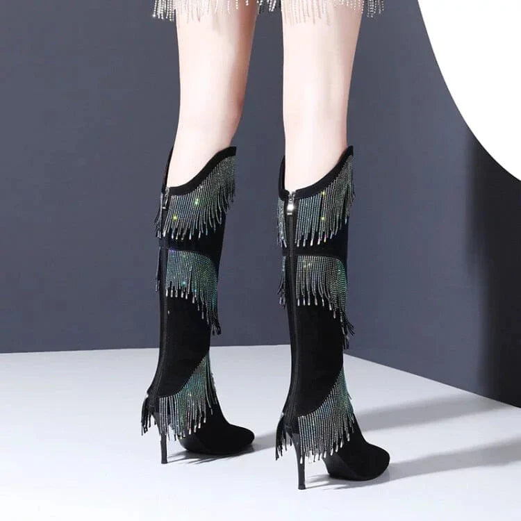 The Dallas Rhinestone Tassel Knee-High Boots