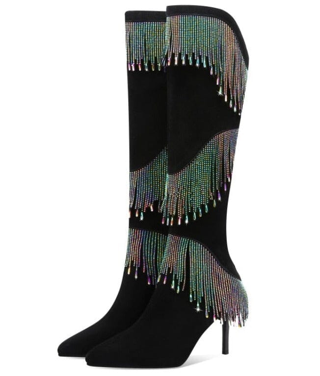 The Dallas Rhinestone Tassel Knee-High Boots