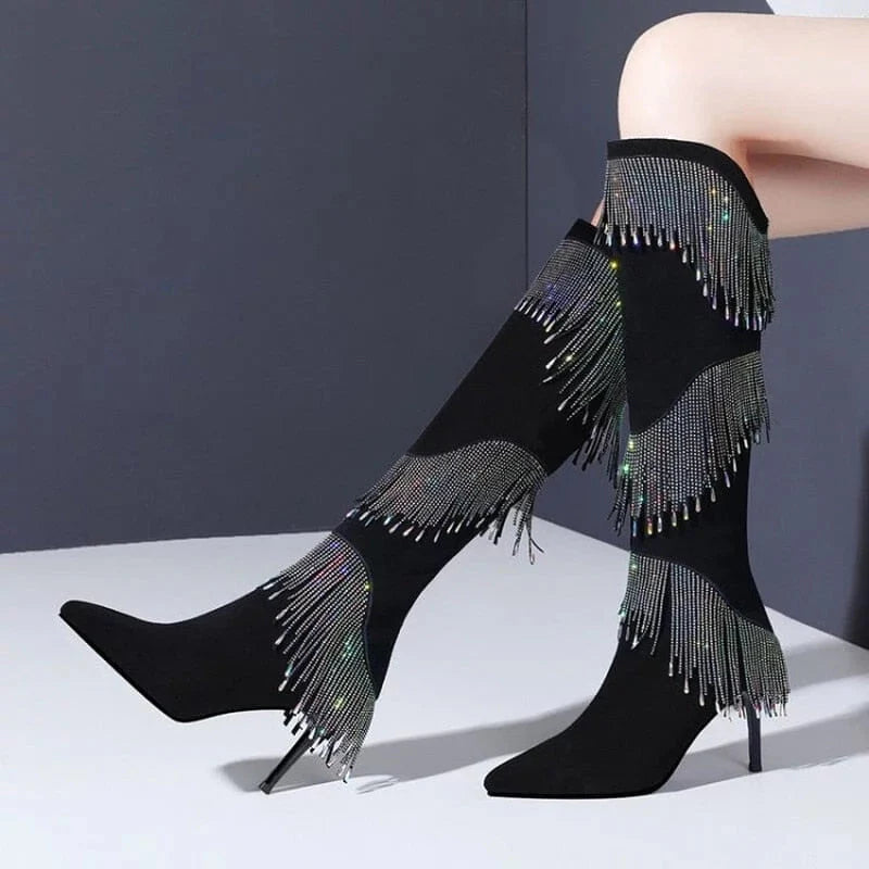 The Dallas Rhinestone Tassel Knee-High Boots