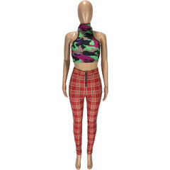 High Waist Plaid Zip Front Pants