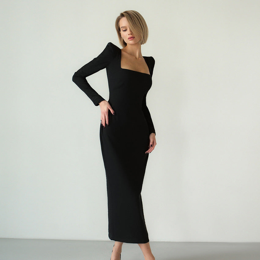 Chic Square Neck Padded Long Sleeve Cocktail Party Midi Dress