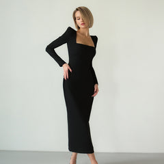 Chic Square Neck Padded Long Sleeve Cocktail Party Midi Dress - Black