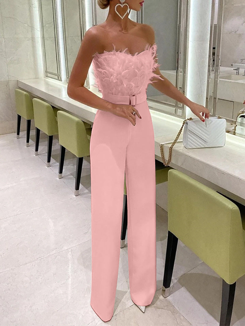 Feather Bandeau Belt Jumpsuit - Pink