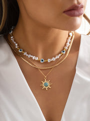 Ethnic Style Special-Shaped Imitation Pearl Bead Necklace Retro Turquoise Sun Eye Necklace