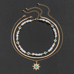 Ethnic Style Special-Shaped Imitation Pearl Bead Necklace Retro Turquoise Sun Eye Necklace