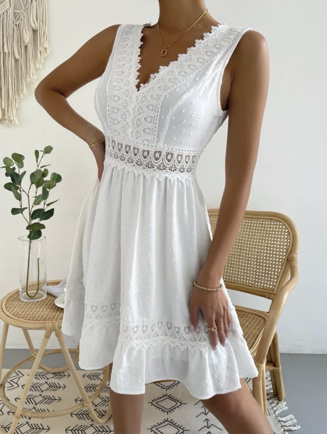 Ruffle Cap Sleeve Backless Crochet Lace V Neck Mini Dress - White
