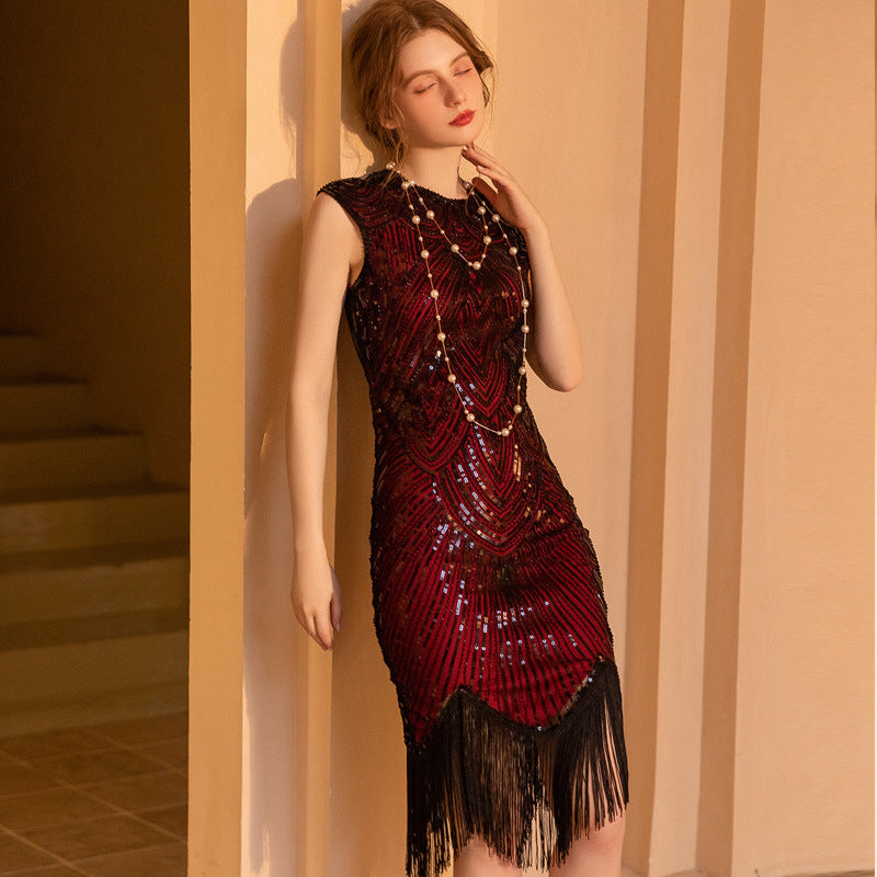 1920s Gatsby Round Neck Fitted Sequin Fringe Flapper Midi Dress - Red