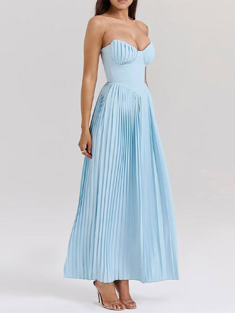 Elegant Pleated Strapless Maxi Dress