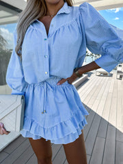 Casual Striped Shirt Dress Shorts Two-Piece Set