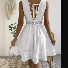 Ruffle Cap Sleeve Backless Crochet Lace V Neck Mini Dress - White