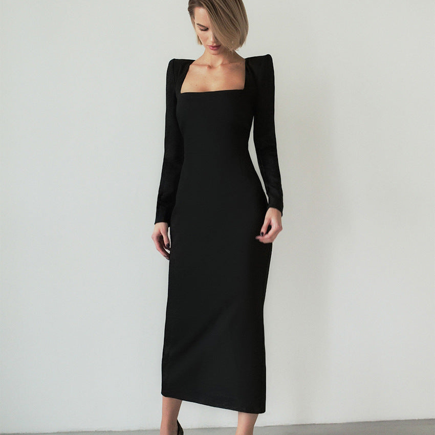 Chic Square Neck Padded Long Sleeve Cocktail Party Midi Dress - Black