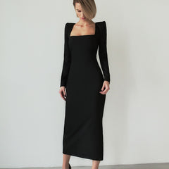 Chic Square Neck Padded Long Sleeve Cocktail Party Midi Dress - Black