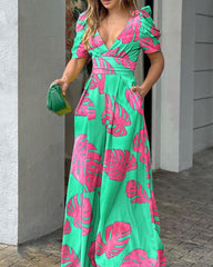 Deep V-neck printed wide-leg jumpsuit - Green